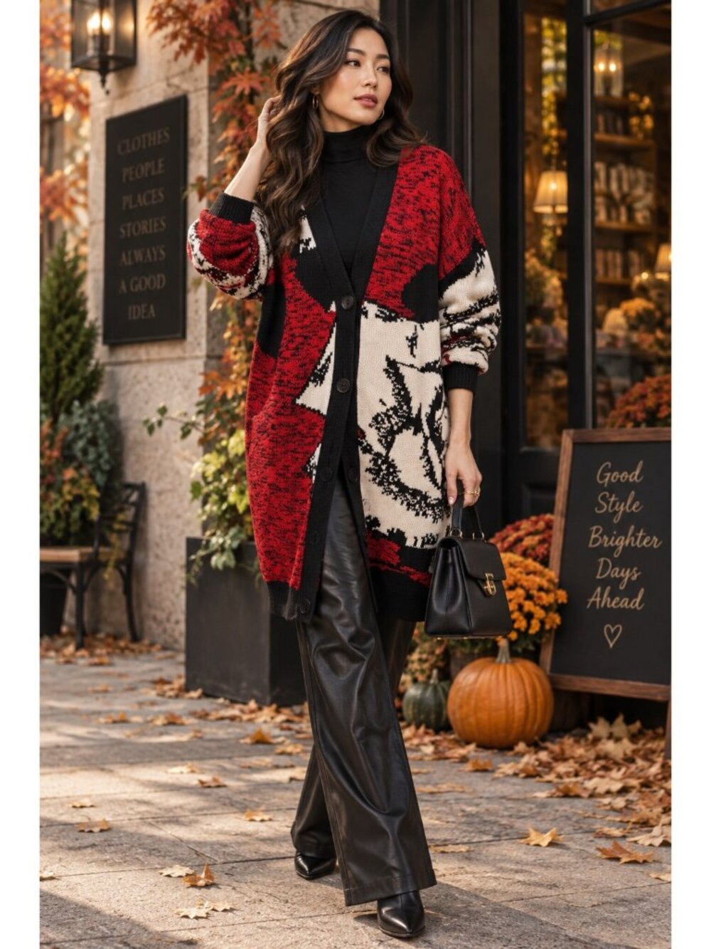 MSGM Milano Women’s M Oversized Graphic Intarsia Wool Cardigan Red Black Ivory